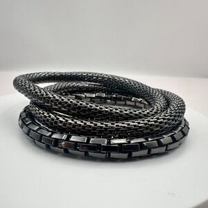 Vintage 90s Black Metal Mesh & Box Link Bangle Bracelets Set Stackable Jewelry
